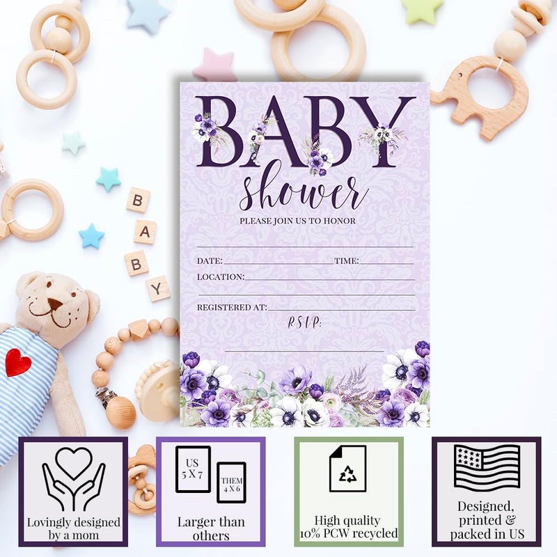 Amanda Creation Watercolor Violets Floral Baby Sprinkle Baby Shower Invitations, 20 5x7 Fill In Cards with Twenty White Envelopes by AmandaCreation - Image 3